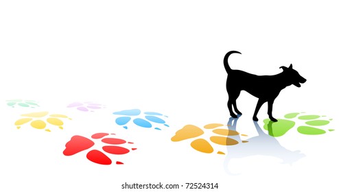 Editable vector illustration of a young dog silhouette and colorful paw prints with space for text