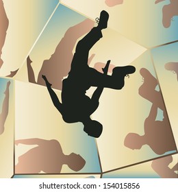 Editable vector illustration of a young man somersaulting with mirror reflections