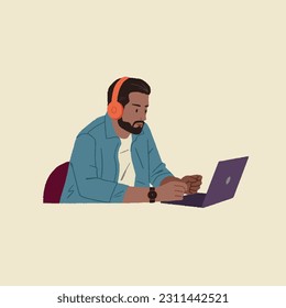 Editable vector illustration young man student freelancer using laptop, watching webinars, working remotely, e-learning e-commerce online 