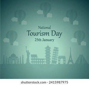 Editables ilustraciones vectoriales de afiches y pancartas del Día Nacional del Turismo en las redes sociales. La inscripción en el mundo. Alrededor de los monumentos de la arquitectura. Antecedentes del concepto de viaje. Torre y edificio.