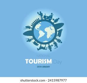 Editable vector illustrations of National Tourism Day social media posters, banners. The inscription on the globe. Around the monuments of architecture. Travel concept background. Tower and building.