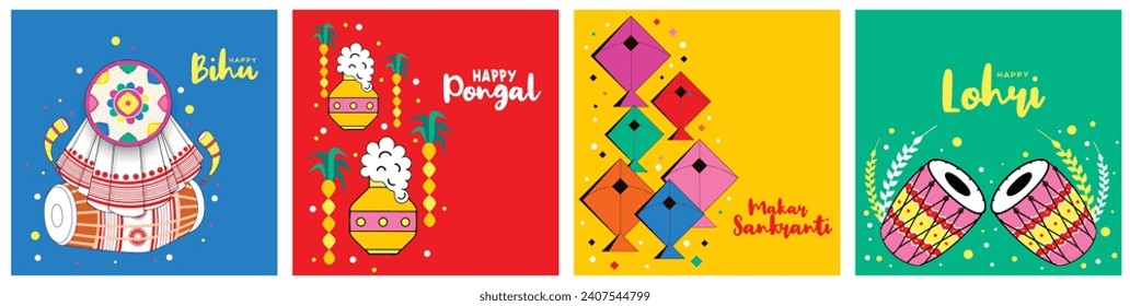 Editable vector Illustration,social media post,poster or banner set pongal,bohag bihu,lohri,makar Sankranti.