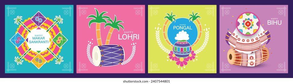 Bearbeitbare Vektorgrafik, Social Media-Post, Poster oder Banner-Set Pongal, bohag bihu, lohri, makar Sankranti.