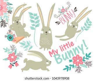 Editable vector image with beautiful flowers and Easter bunny