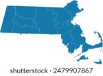 Editable vector image of the counties that make up the state of Massachusetts, located in the United States.