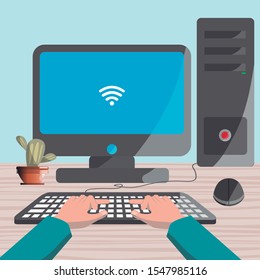 Editable vector. Image of person working on a desktop computer. Nice illustration of work.