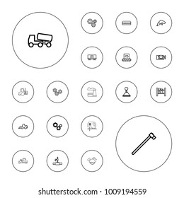 Editable vector industrial icons: gear, barn, drill, vice clamp, excavator, concrete mixer, hook with cargo, garden hammer, water pipe, cargo wagon on white background.