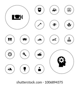 Editable vector industrial icons: vice clamp, hook with cargo, electric saw, welder mask, cargo terminal, clock in gear, forklift, excavator, crane, pump on white background.