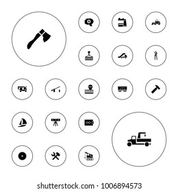 Editable vector industry icons: blade saw, hummer, truck with hook, pliers, wrench hummer, gear, cargo on hook, barrier, truck crane, airport tower on white background.