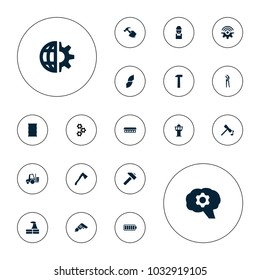 Editable vector industry icons: factory, hammer, worker, hummer, pliers, axe, barrel, gear, forklift, airport tower, barn, drill, pipe, clobe gear on white background.