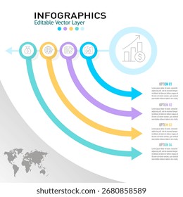 Modelo de infográfico vetorial editável com quatro etapas, ícones e um gráfico. Perfeito para apresentações comerciais, relatórios e material de marketing.