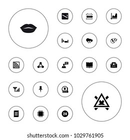 Editable vector information icons: book, graph, cloud download upload, cpu, love letter, disc on fire, man with chat bubblle, network connection, document on white background.