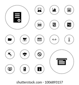 Editable vector information icons: signal tower, elevator, document, info, laptop, atom on display, newspaper, satellite, folder, cloud protection, server on white background.