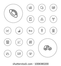Editable vector information icons: signal tower, book, pin, graph, bed, chart, paper and apple, cpu in car, call, laptop, chart on display, search cloud on white background.