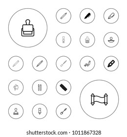 Editable vector ink icons: pen, stamp, mascara, ink pen, manuscript on white background.