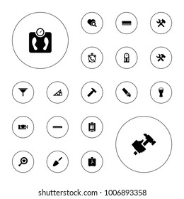 Editable vector instrument icons: alarm, hummer, vice clamp, saw, wrench hummer, piano, heart search, blood pressure measure, drum, sundial, pendulum on white background.