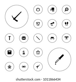 Editable vector instrument icons: alarm, gong, pipette, floor scales, binoculars, musical pipe, drum, guitar, maracas, metronome, tambourine, microphone on white background.