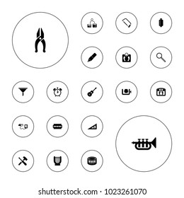 Editable vector instrument icons: hacksaw, harp, blood pressure, guitar, drum, trumpet, screwdriver, alarm, triangle ruler, razor, floor scales, nippers on white background.