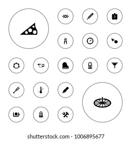 Editable vector instrument icons: nippers, hummer and wrench, pressure, thermometer, blood pressure, tonometer, piano, musical instrument, tambourine on white background.