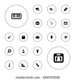 Editable vector instrument icons: razor, floor scales, electric saw, ruler, floor scale, heart search, thermometer, piano, drum, harmonica, metronome on white background.
