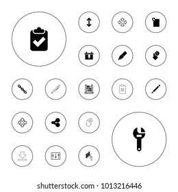 Editable vector interface icons: battery, wrench, pen, share, clipboard with tick, chain, download document, arrow, abacus, move, sliders, arrow down on white background.
