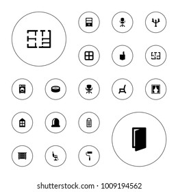 Editable vector interior icons: window, nightstand, door, office room, office chair, roller, outdoor chair, opened door, cupboard, jacuzzi, plan on white background.