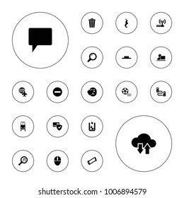 Editable vector internet icons: trash bin, card protection, wavy phone, search, chat, music pause, pause, serach music, cable, mouse, router, train on white background.