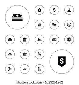 Editable vector investment icons: money on hand, money sack, dolar growth, check, bank, coin, gold, percent, dollar, dollar coin, coin on white background.