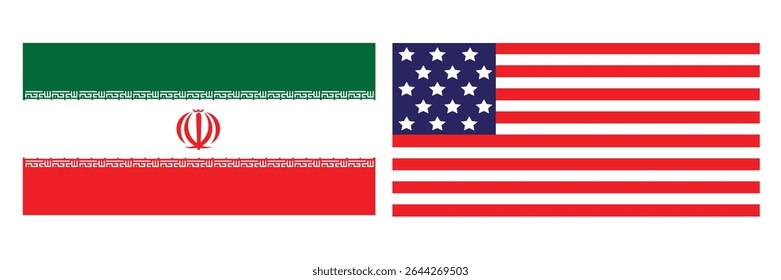 Editable vector of Iran and America flags facing off – symbolizing international war, political tension, clashes, global conflict. Ideal for social media content, news graphics, geopolitical themes.
