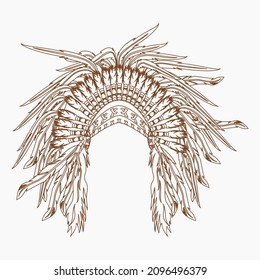 Editable Vector of Isolated Front View Native American Headdress Illustration in Outline Style for Traditional Culture and History Related Design