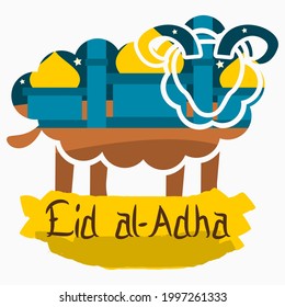 Editable Vector of Isolated Sheep Silhouette Shape Contains Mosque Illustration with Brush Strokes Banner for Artwork Elements of Eid Al-Adha or Islamic Holy Festival Design Concept