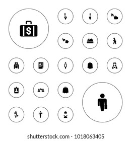 Editable vector job icons: hairdresser peignoir, casino girl, maid, trowel, man with case, clipboard, chef hat, user communication, money case, resume on white background.