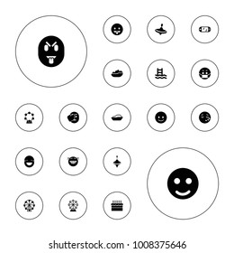 Editable vector joy icons: whirligig, baby bath, smile, smiling emot, laughing emot, emoji in mask, ferris wheel, swimming ladder, cake on white background.