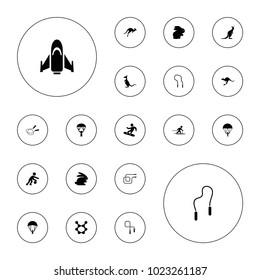 Editable vector jump icons: rabbit, kangaroo, jump rope, parachute, spring rotate, skiing, snowboard, skipping rope, basketball player, man with parachute on white background.
