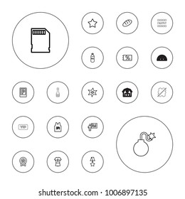 Editable vector label icons: oil, bread, parking, star, explosion, ticket on sale, medal, memory card, sport t shirt number 24, football uniform, teacher on white background.