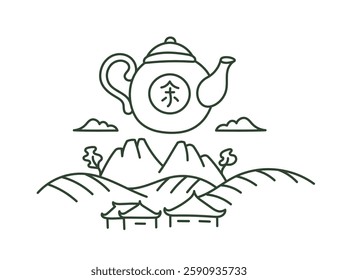 Editable Vector Landscape with Mountains and Teapot Kettle. Vector Editable Outline Stroke.