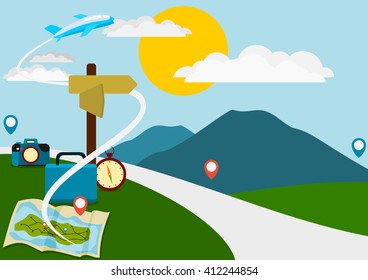 Editable Vector of Landscape with Road and Travel Equipment for Tourism Agent Marketing and Children Book Illustration