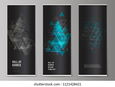 The editable vector layout of roll up banner stands, vertical flyers, flags design business templates. Polygonal background with triangles, connecting dots and lines. Connection structure.