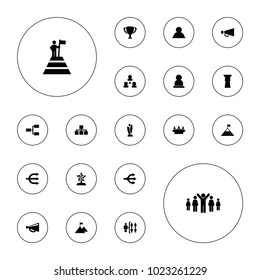 Editable vector leadership icons: group, megaphone, user, structure, trophy, star trophy, group of people and man celebrating victory on white background.