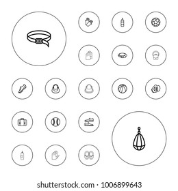 Editable vector leather icons: belt, gloves, man shoe, bag, boxing bag, basketball, luggage, soccer trainers, baseball glove, baseball, football on white background.