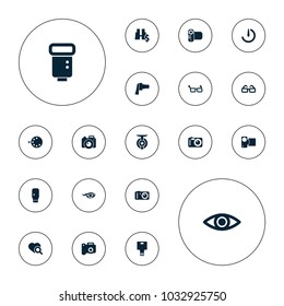 Editable vector lens icons: camera, heart search, glasses, camera zoom, eye on white background.