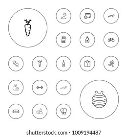 Editable vector lifestyle icons: milk can, sofa, bottle, barbell, boxing gloves, running man, man doing exercises, fitness carpet, floor scale, carrot on white background.