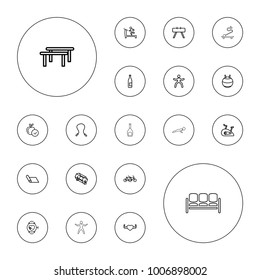Editable vector lifestyle icons: treadmill, apple, lottery, skipping rope, bottle, family bicycle, fit ball, fintess equipment, horizontal bar on white background.