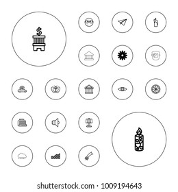Editable vector light icons: brick wall, police car, butterfly, nerd emoji, table lamp, bank, falling star, candle, camera shutter, eye, lamp, paper plane on white background.