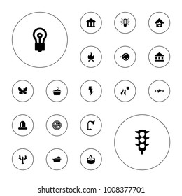 Editable vector light icons: butterfly, laundry, bulb, bank, solar panel, electricity, siren, traffic light, table lamp, candle, camera mode on white background.