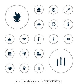 Editable vector light icons: sun, brick wall, lighthouse, candle, sparklers, fireplace, bank, street lamp, camera shutter, eye, camera mode, light bulb on white background.