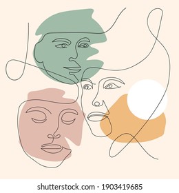 A Editable vector line drawing of abstract woman faces with flat and pastel colored backgrounds