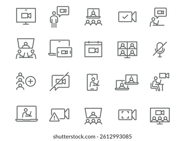 Editable Vector Line Icons Set on Video Conferencing and Online Communication. Includes icons for video calls, meetings, connections, and interactions, ready for use.