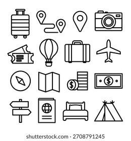editable vector line icons of travel, plane, voyage.