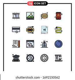 Editable Vector Line Pack of 16 Simple Flat Color Filled Lines of dinghy; payments; dumplings; money; wall clock Editable Creative Vector Design Elements